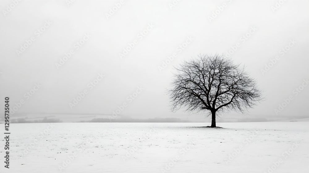 Poster minimalist winter landscape featuring a solitary bare tree in a snowy field surrounded by clouds : g