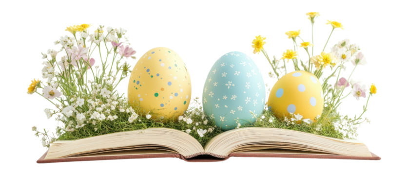 PNG Easter eggs floating flowers book colorful.