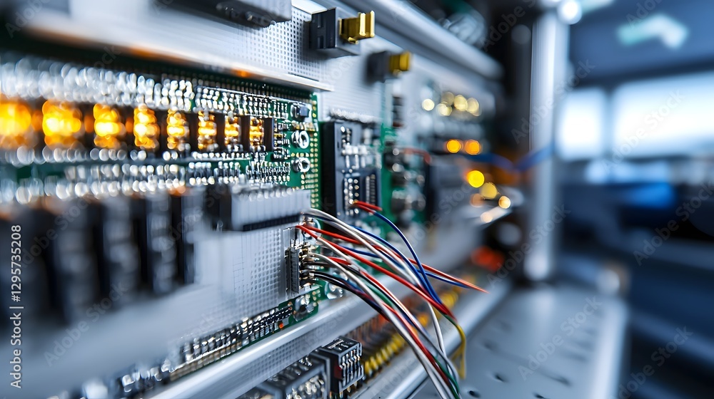 Poster close up photograph showcasing the intricate wiring and electronic components on a breadboard highli