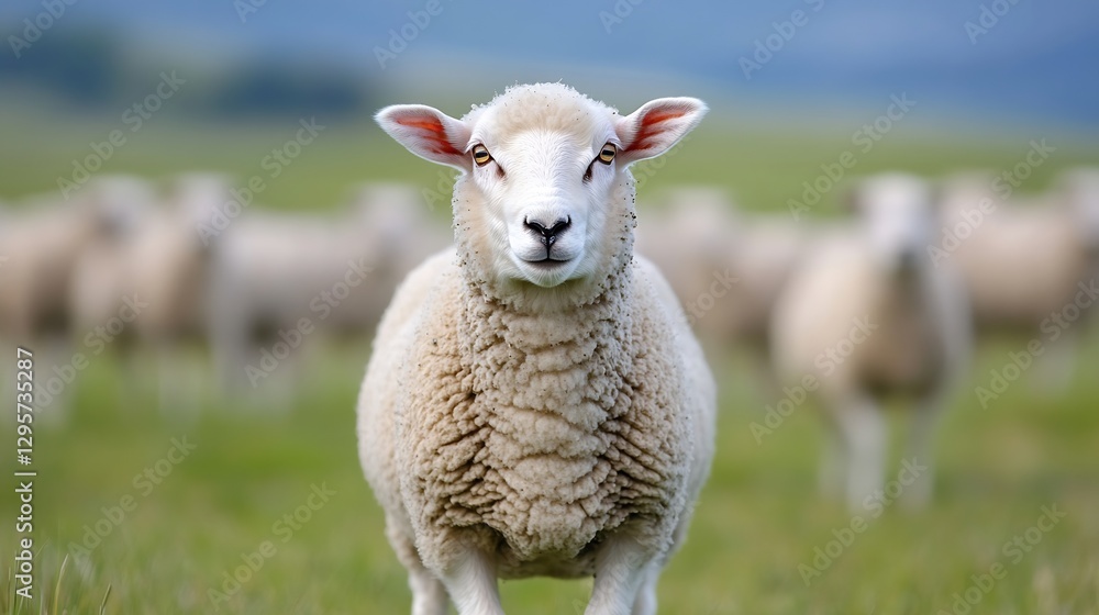 Aufkleber Curious sheep standing in lush green meadow with flock in background : Generative AI