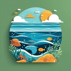 ocean on plain green background childish style illustration
