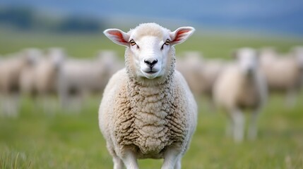 Obraz premium Curious sheep standing in lush green meadow with flock in background : Generative AI