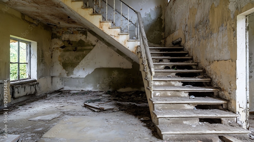 Poster Interior of Abandoned House with Decaying Structure and Stairs Representing Forgotten Spaces : Generative AI