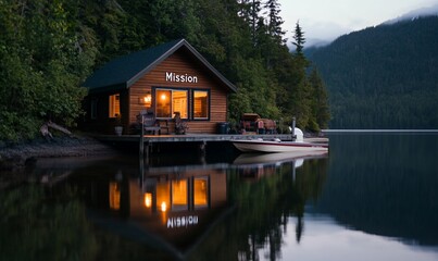Fototapeta premium Cozy lakeside cabin reflecting on calm waters at dusk.