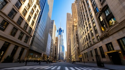 Captivating perspective from street level of a vibrant city avenue lined with towering buildings : Generative AI