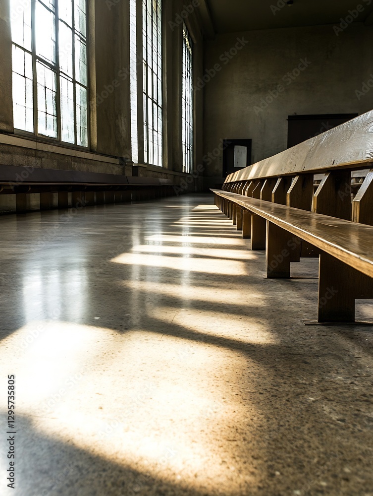 Aufkleber elegant sunlit interior with wooden benches and large windows creating a serene atmosphere : generat