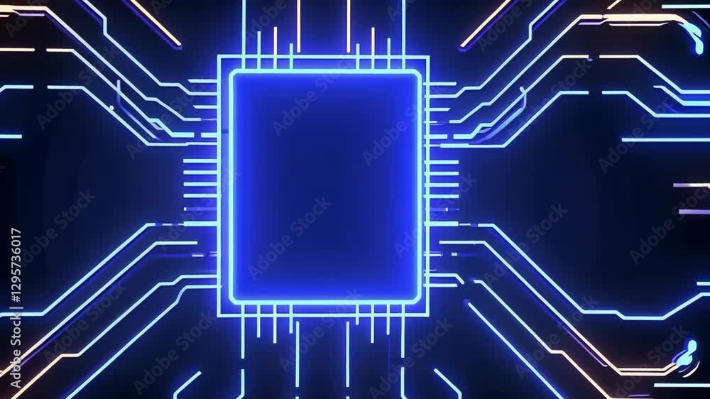 Poster glowing blue circuit board and microchip with intricate lines and central square design futuristic p