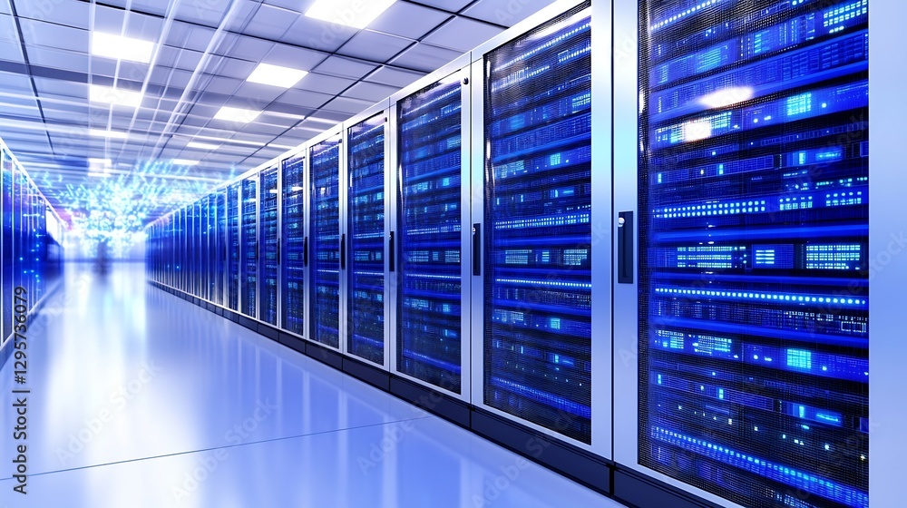 Poster Futuristic Data Center with Server Racks in Rows and Blue Light Emission : Generative AI