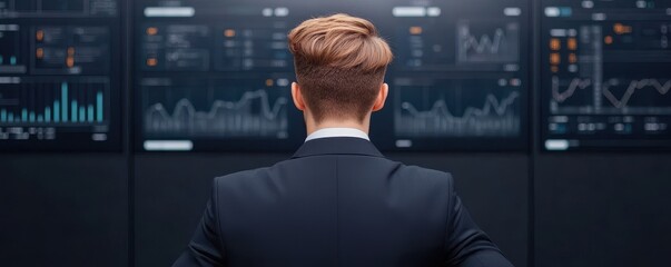A businessman analyzes data and graphs on multiple screens, showcasing a focused, professional environment in a modern office.