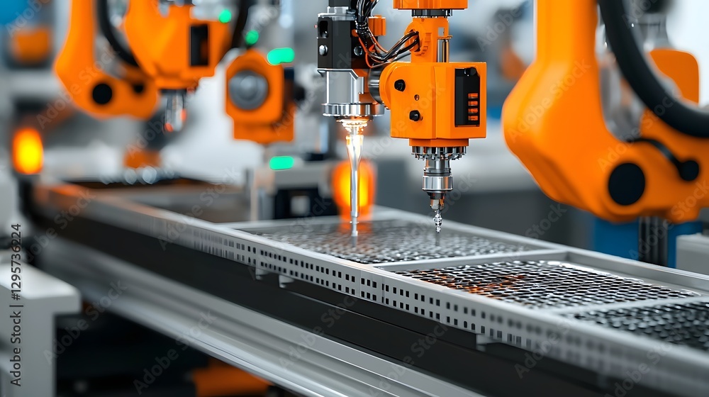 Poster close up view of a die casting machine injecting molten metal into a metal mold as part of an automa
