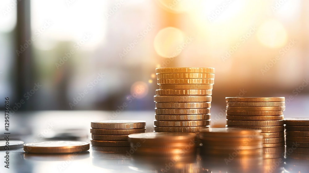 Leinwandbilder stunning close up of shiny stacked coins illuminated by warm sunlight reflecting on a smooth surface