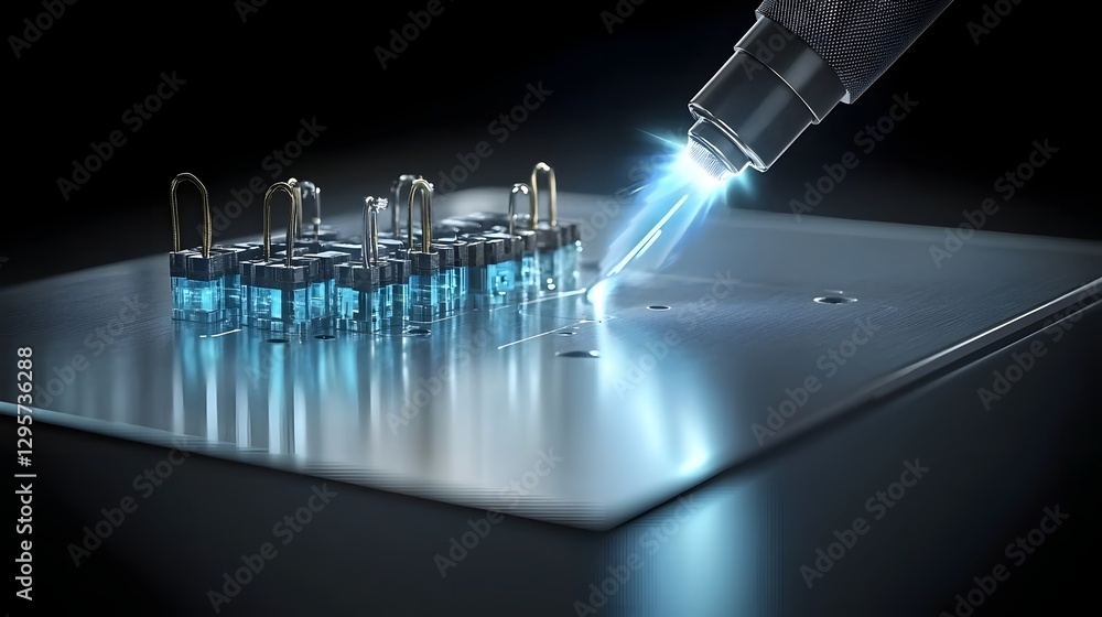 Poster Close up view of a heat gun applying heat to shrink insulation tubing over a soldered wire connection showcasing the electrical engineering and technology involved in this industrial process