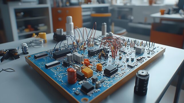 Close up view of a breadboard filled with various electronic components including resistors capacitors and jumper wires showcasing the intricate connections and circuitry used in engineering