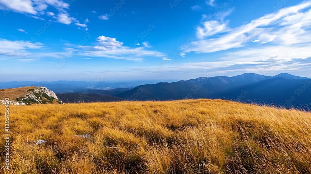 Poster panoramic view of golden grassland and mountains under a blue sky with clouds : generative ai