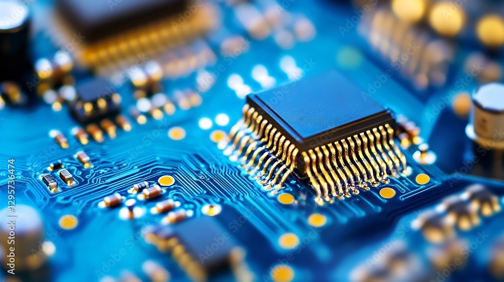 Fototapete Macro shot of a computer microchip on a circuit board highlighting its intricate design : Generative AI