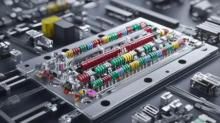 Close up view of a neatly organized wiring harness with labeled connectors showcasing a meticulously designed system for efficient and streamlined assembly of electronic or mechanical equipment