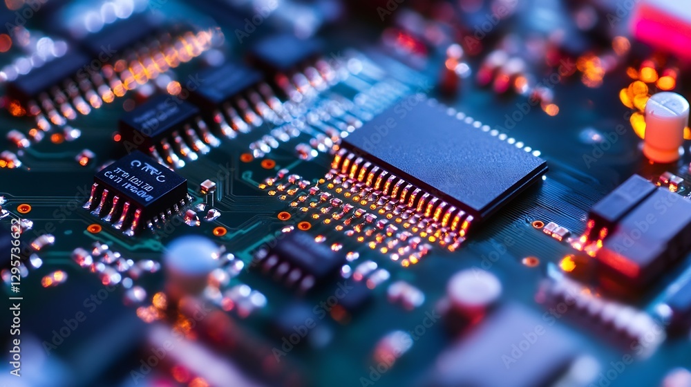 Leinwandbilder close-up of a circuit board with glowing microchips and electronic components : generative ai