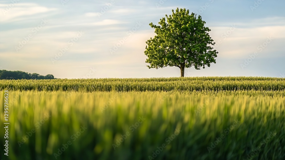 Poster a majestic lonely tree standing alone in a lush green field under a beautiful sky : generative ai