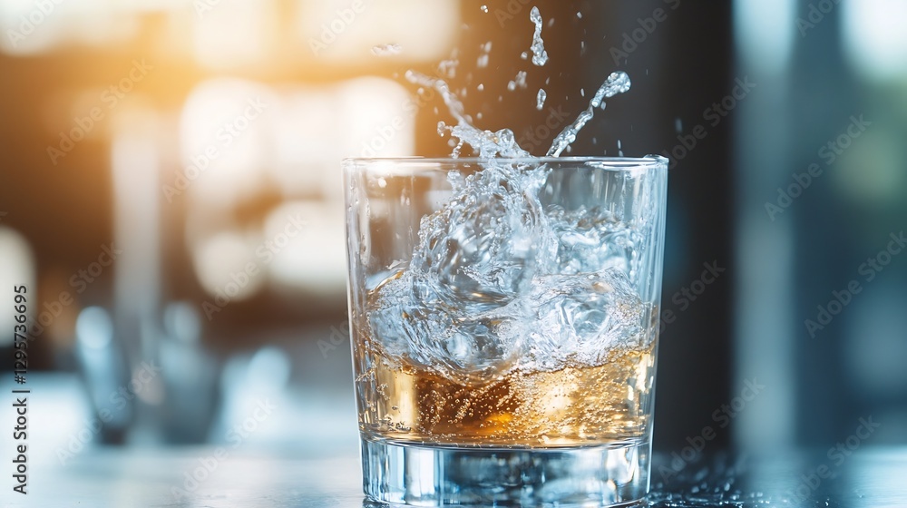 Aufkleber splashing water in a glass with a beautiful reflection and ambient lighting : generative ai