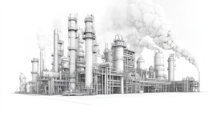 Industrial factory building sketch featuring smoke stacks and pipes in a detailed illustration