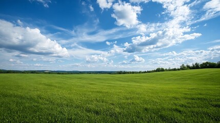 Fototapeta premium Vibrant Green Meadow Under a Dramatic Blue Sky with Fluffy Clouds : Generative AI