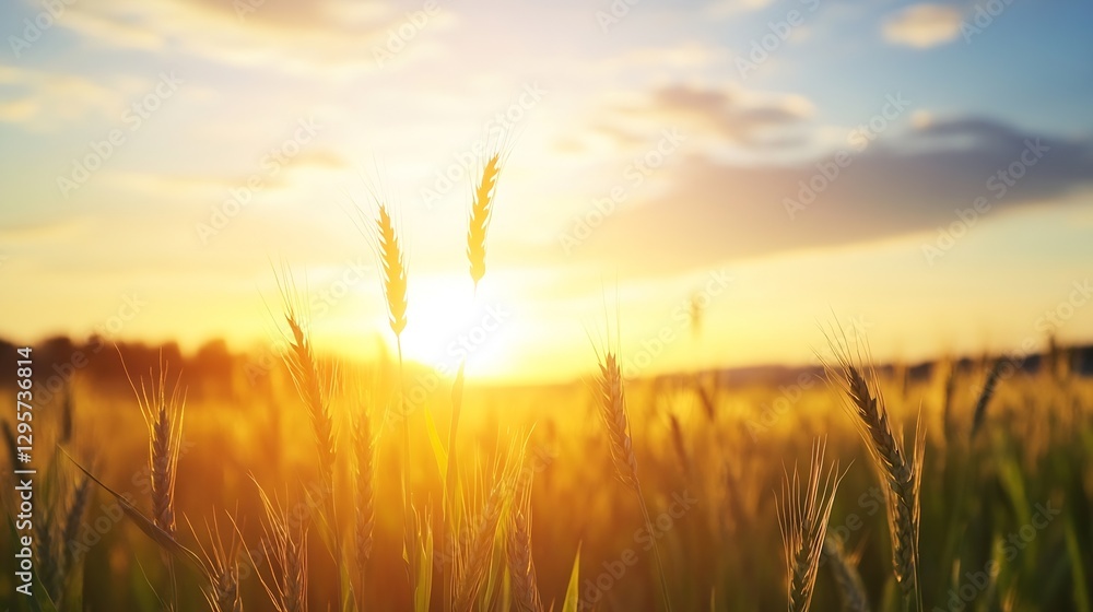 Aufkleber golden wheat fields with sun setting on the horizon against a blue sky : generative ai