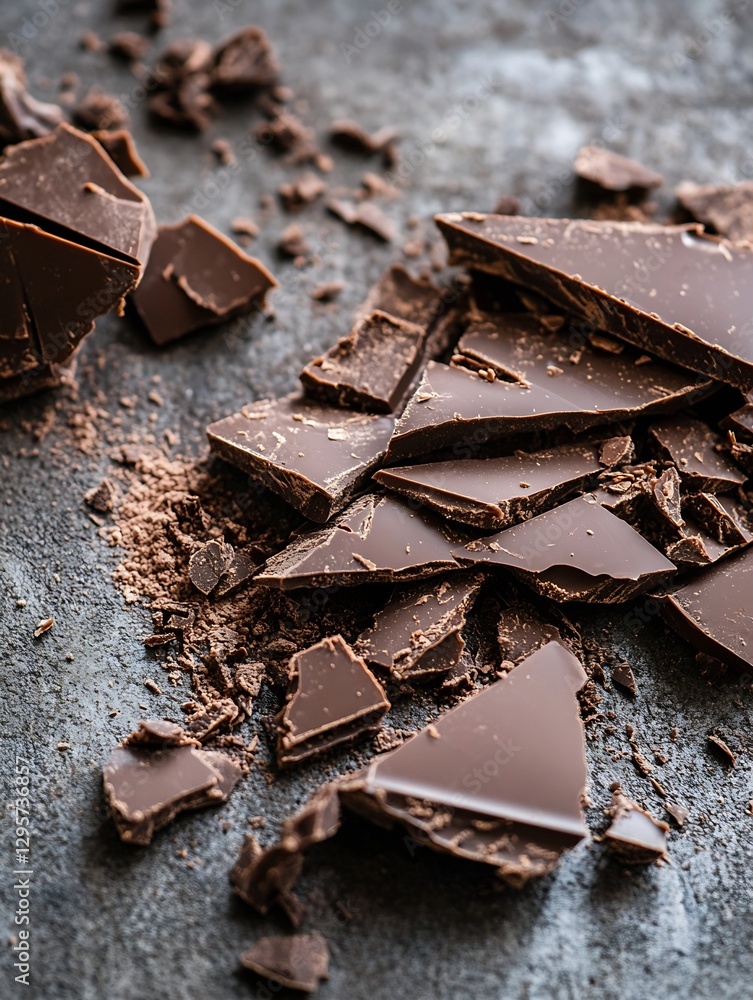 Poster Elegant display of shattered chocolate pieces and cocoa dust on a textured gray background inviting indulgence : Generative AI