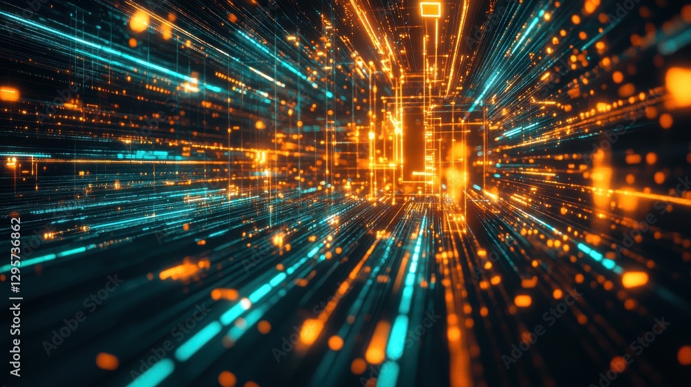 Poster dynamic abstract background of light trails and glowing particles in a digital space with blue and o