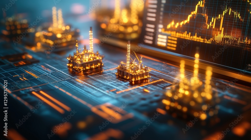 Poster close up of computer with gold buildings and photo display on screen in modern workspace environment