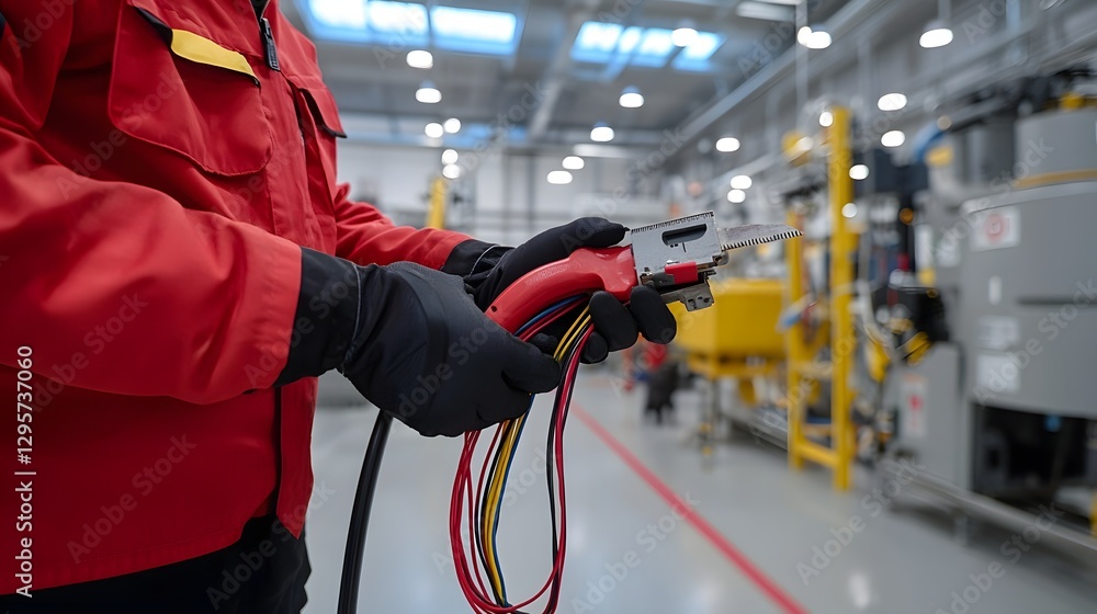 Poster close up view of an electrician s hands using a wire stripper tool to carefully prepare electrical c