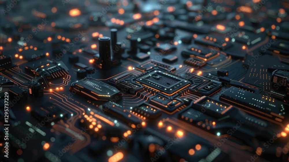 Poster abstract futuristic black circuit board with glowing elements. digital artwork of electric circuit w
