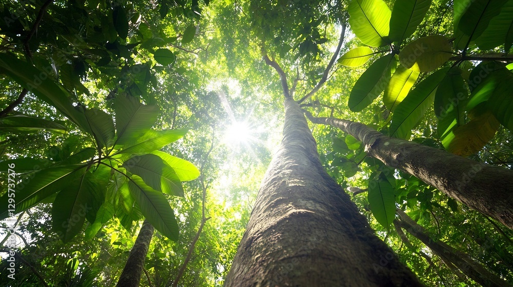 Poster stunning view of lush green rainforest canopy with sunlight streaming through trees : generative ai