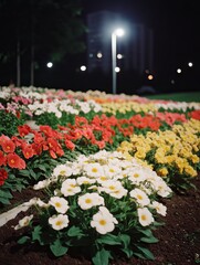 Colorful flower bed at night, city lights in background.  Possible use  greeting card