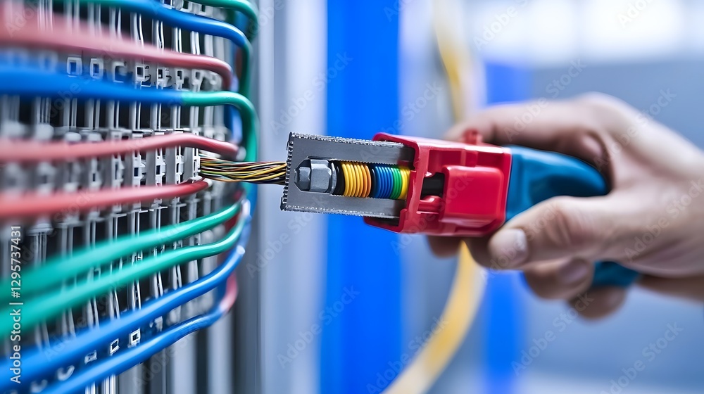 Poster close up view of a worker s hand using a wire stripper tool to prepare electrical cables by removing