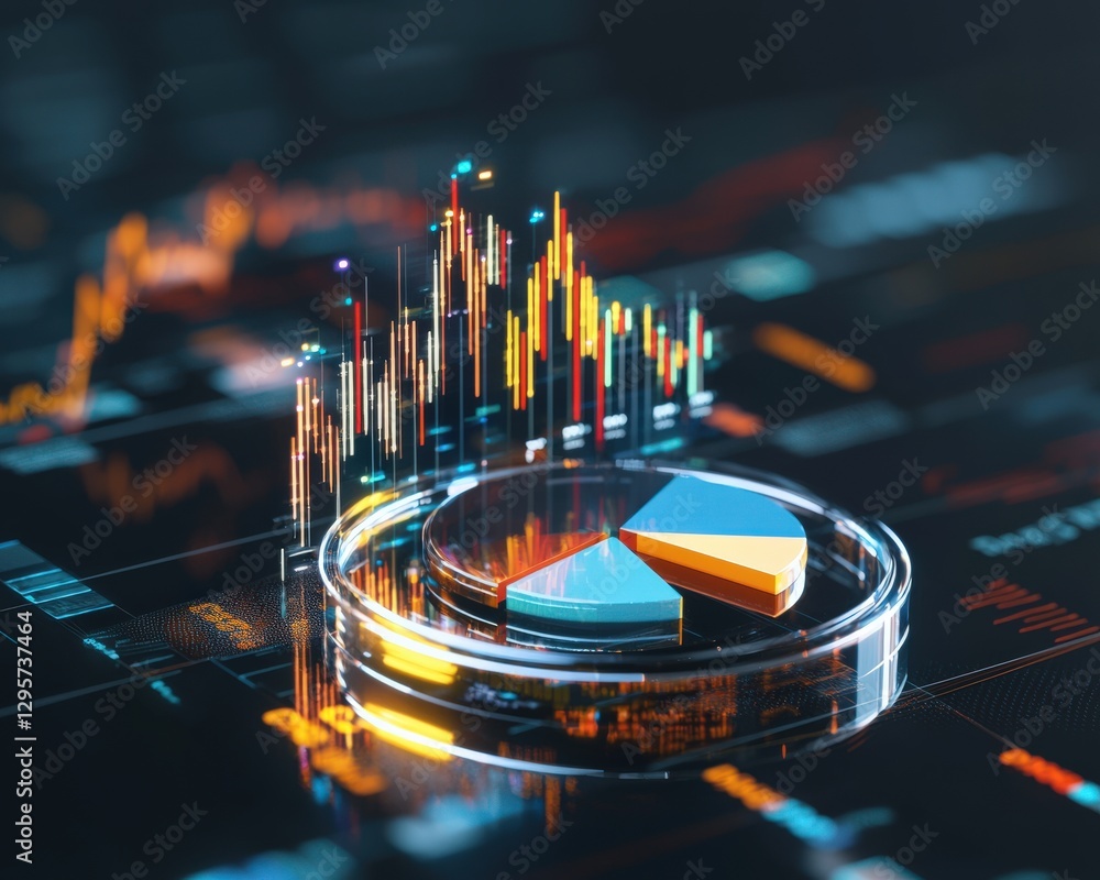 Poster dynamic data visualization featuring a pie chart and colorful graphs, representing modern analytics 