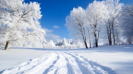 Fototapeta premium Beautiful Winter Wonderland with Snowy Landscape and Trees against a Bright Blue Sky : Generative AI