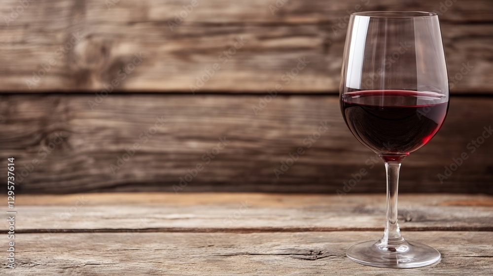 Poster elegant wine glass filled with rich red wine positioned on a rustic wooden table showcasing fine din
