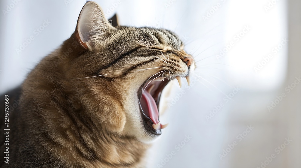 Poster Adorable cat caught midyawn with a soft white background enhancing its features : Generative AI