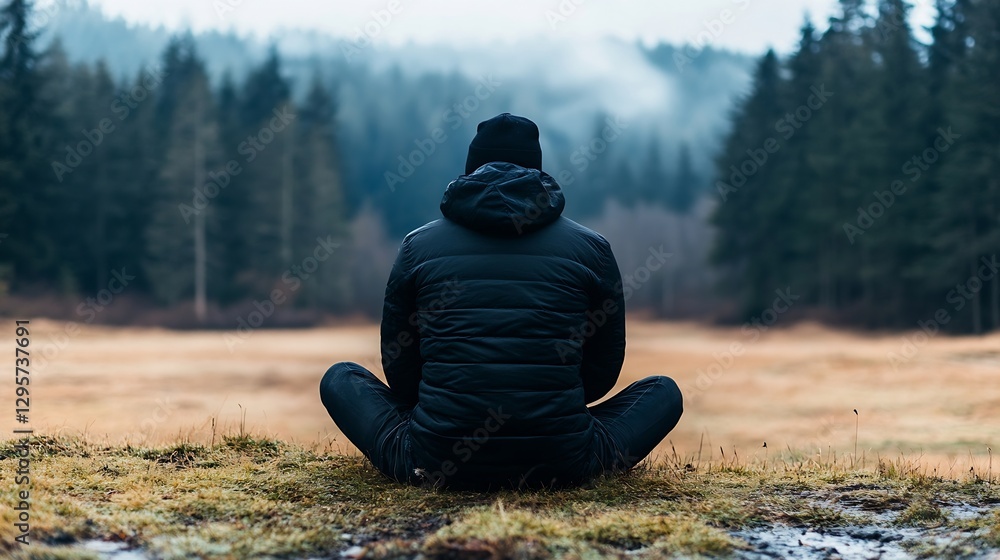 Aufkleber Contemplative Man Sitting in Nature Surrounded by Misty Pine Trees and Open Field : Generative AI