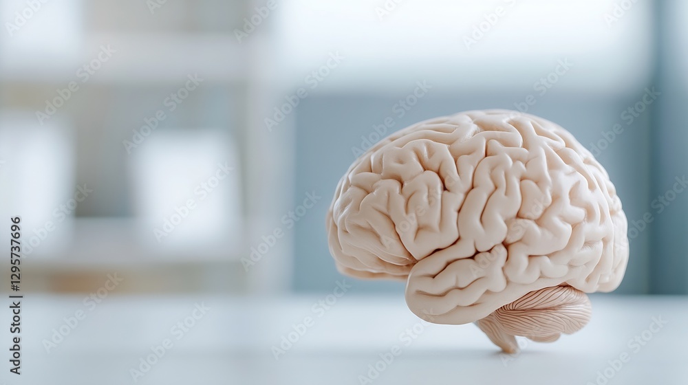 Poster Detailed close up of a realistic human brain model created with soft materials displayed on a modern surface : Generative AI