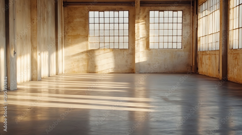 Aufkleber spacious industrial space with sunlight streaming through large windows on polished concrete floor :