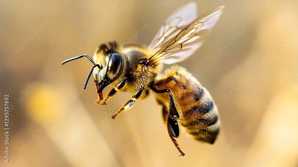 Poster Closeup of a honeybee collecting nectar from blooming flowers in a natural environment with blurred background : Generative AI