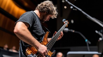 Talented Musician Playing Electric Bass Guitar on Stage with Focused Expression and Bright Venue Lights : Generative AI