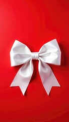 Delicate white bow on a bright red background, ribbon, craft