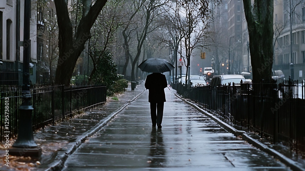 Poster man walking alone with umbrella on wet sidewalk in urban environment : generative ai