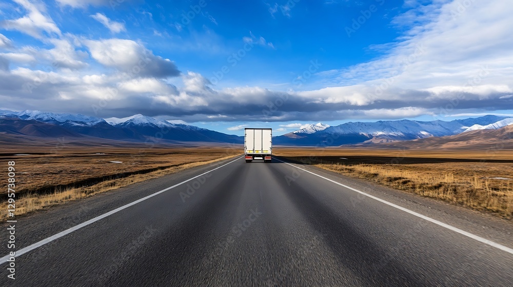 Poster large truck driving on an open road in a wide landscape with mountains and clouds in the background 