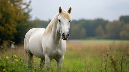 Obraz premium Majestic white horse standing gracefully in a vibrant green field : Generative AI