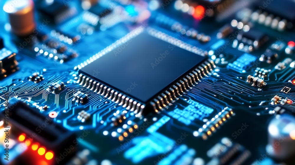 Aufkleber Close Up of Microchip with Integrated Circuit and Digital Connections on Circuit Board : Generative AI