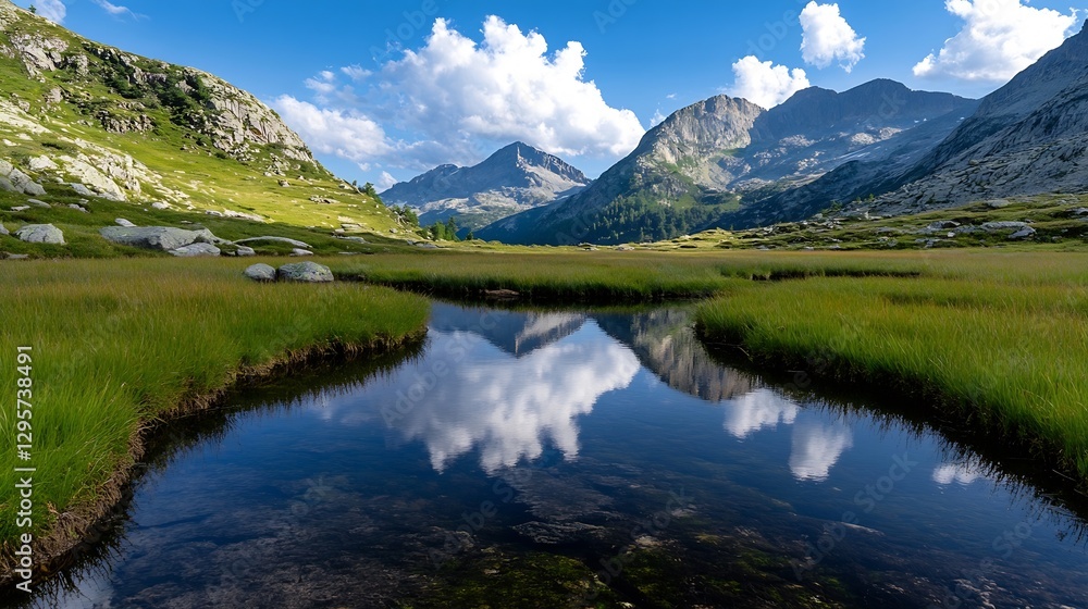 Poster serene reflection of mountains and sky in crystal clear water of a calm river : generative ai
