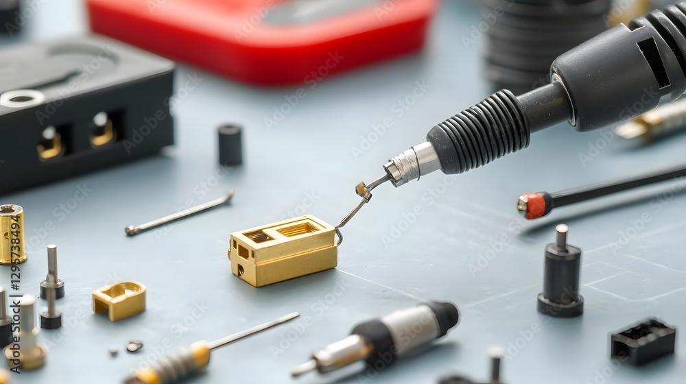 Poster closeup image showcasing the intricate process of soldering a coaxial cable connector highlighting t